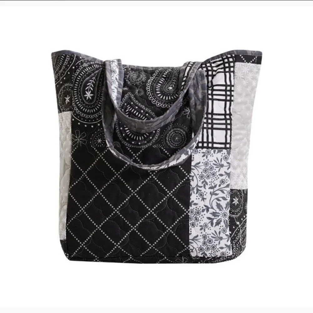 Farmhouse Black and White Reversible Patchwork King Quilt Set Matching Tote Bag